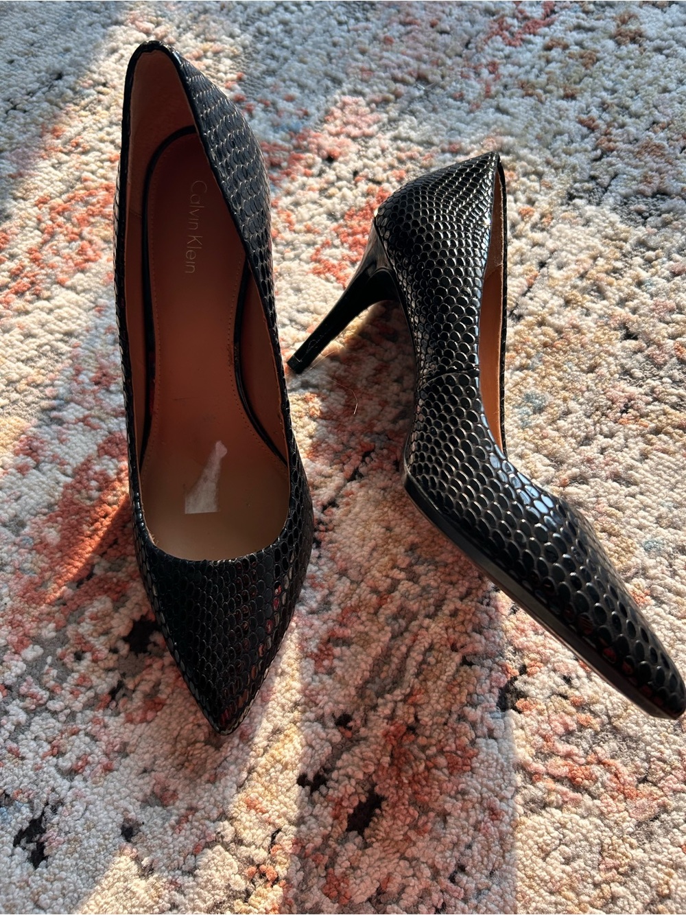 Calvin Klein Black Faux-Snakeskin Pointed-Toe Stiletto Heels
